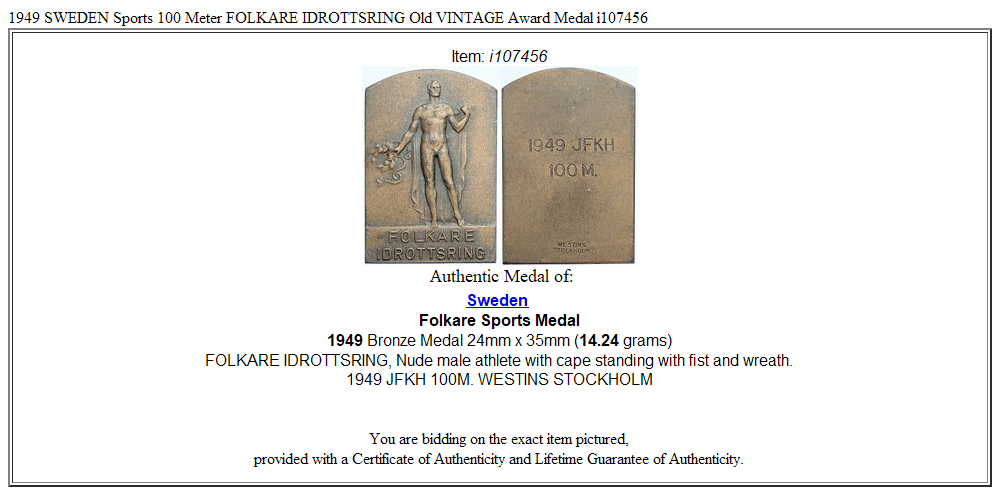 1949 SWEDEN Sports 100 Meter FOLKARE IDROTTSRING Old VINTAGE Award Medal i107456