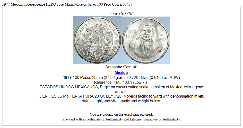 1977 Mexican Independence HERO Jose Maria Morelos Silver 100 Peso Coin i107457