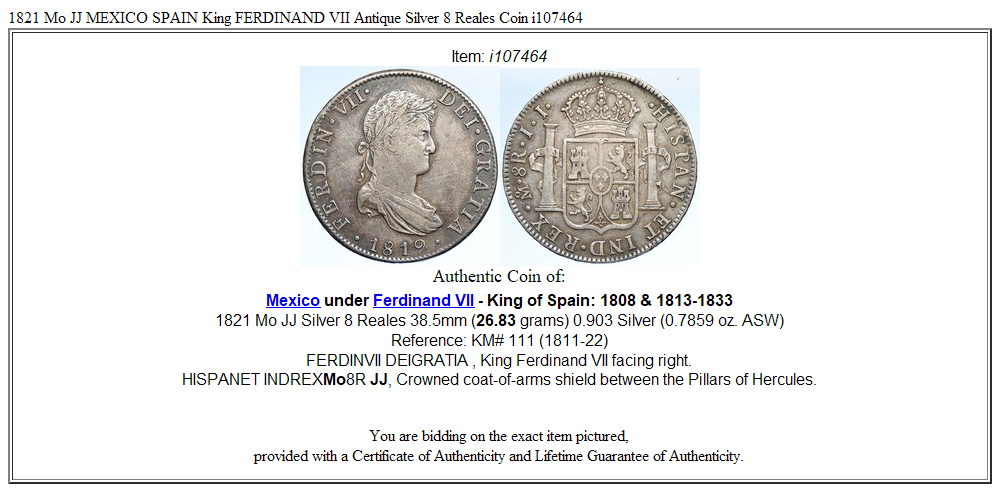1821 Mo JJ MEXICO SPAIN King FERDINAND VII Antique Silver 8 Reales Coin i107464
