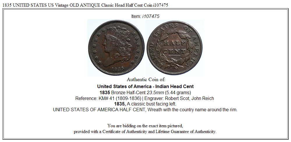 1835 UNITED STATES US Vintage OLD ANTIQUE Classic Head Half Cent Coin i107475