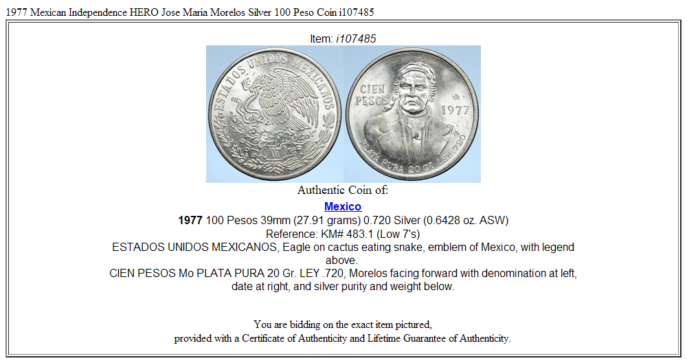 1977 Mexican Independence HERO Jose Maria Morelos Silver 100 Peso Coin i107485