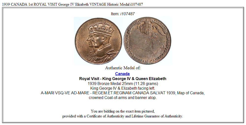 1939 CANADA 1st ROYAL VISIT George IV Elizabeth VINTAGE Historic Medal i107487