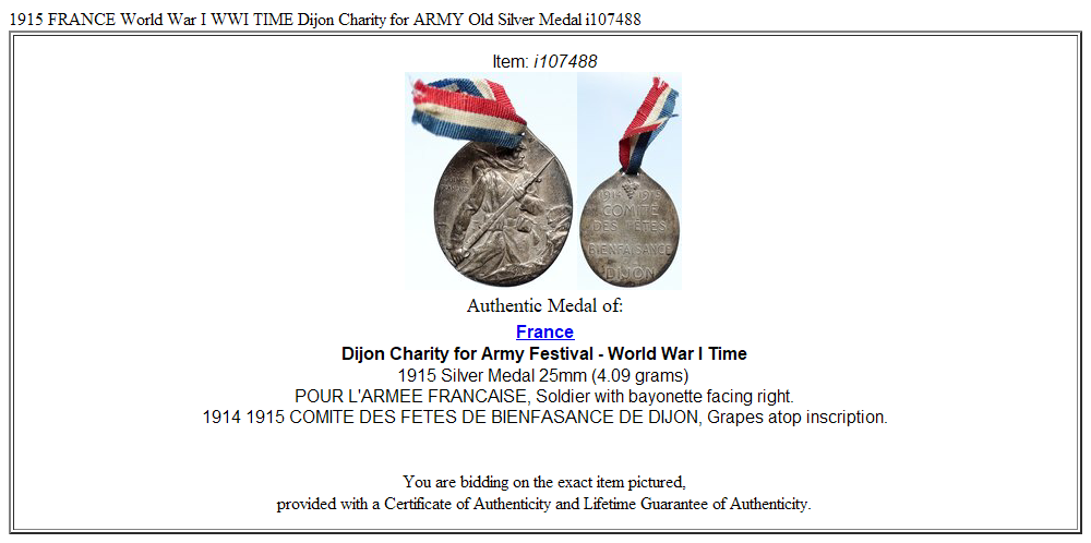 1915 FRANCE World War I WWI TIME Dijon Charity for ARMY Old Silver Medal i107488