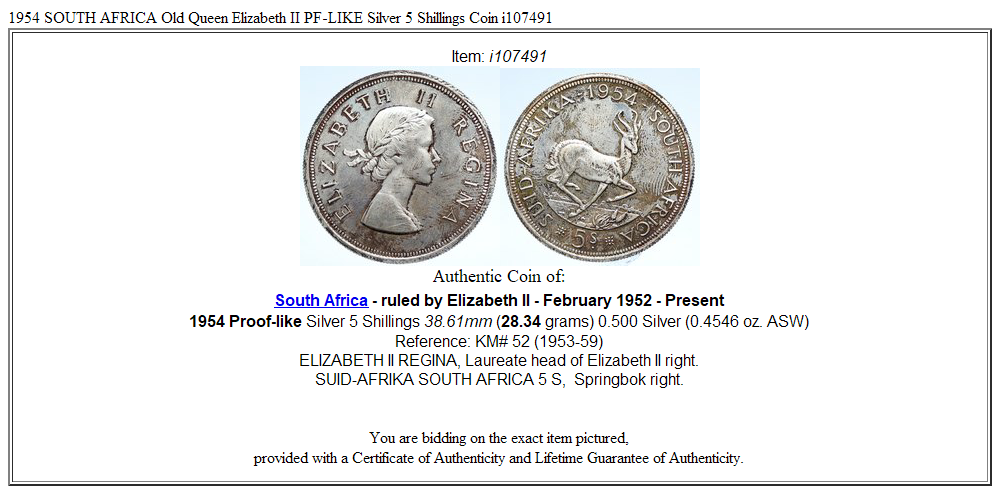 1954 SOUTH AFRICA Old Queen Elizabeth II PF-LIKE Silver 5 Shillings Coin i107491