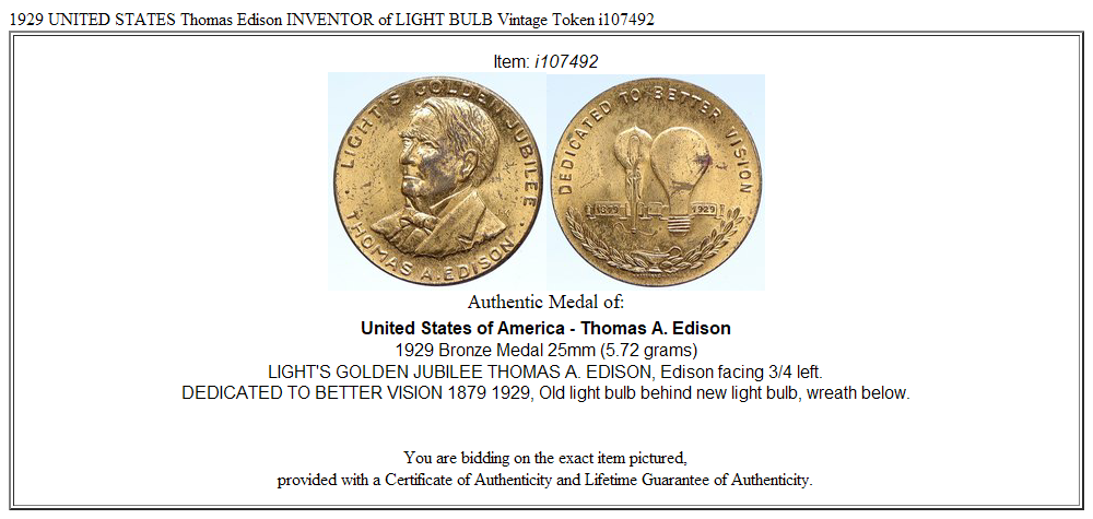 1929 UNITED STATES Thomas Edison INVENTOR of LIGHT BULB Vintage Token i107492