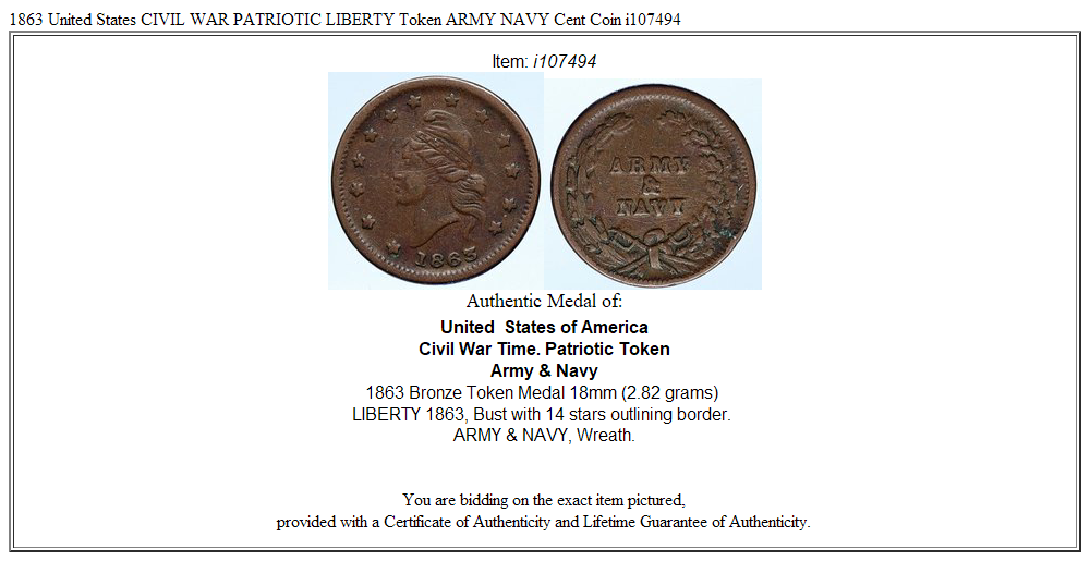 1863 United States CIVIL WAR PATRIOTIC LIBERTY Token ARMY NAVY Cent Coin i107494