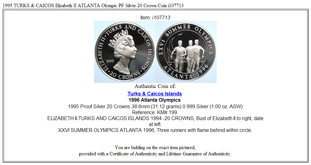 1995 TURKS & CAICOS Elizabeth II ATLANTA Olympic PF Silver 20 Crown Coin i107713