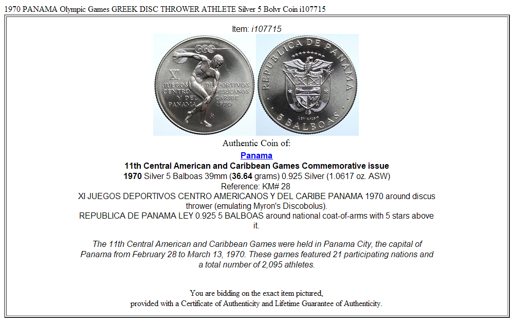 1970 PANAMA Olympic Games GREEK DISC THROWER ATHLETE Silver 5 Bolvr Coin i107715