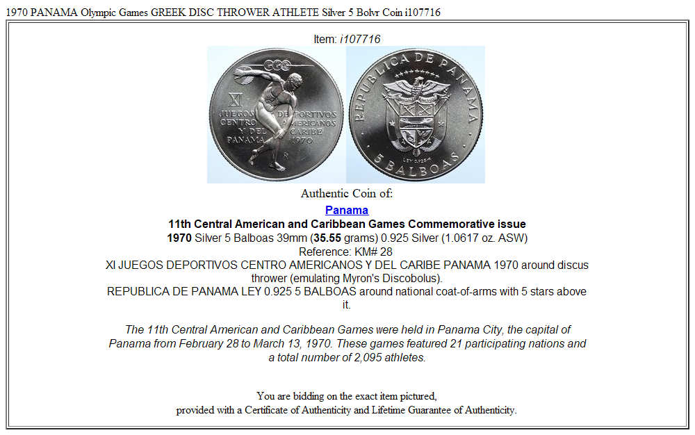 1970 PANAMA Olympic Games GREEK DISC THROWER ATHLETE Silver 5 Bolvr Coin i107716