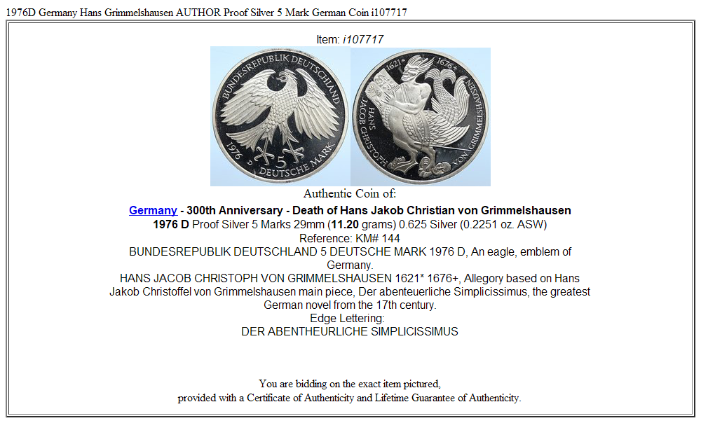 1976D Germany Hans Grimmelshausen AUTHOR Proof Silver 5 Mark German Coin i107717