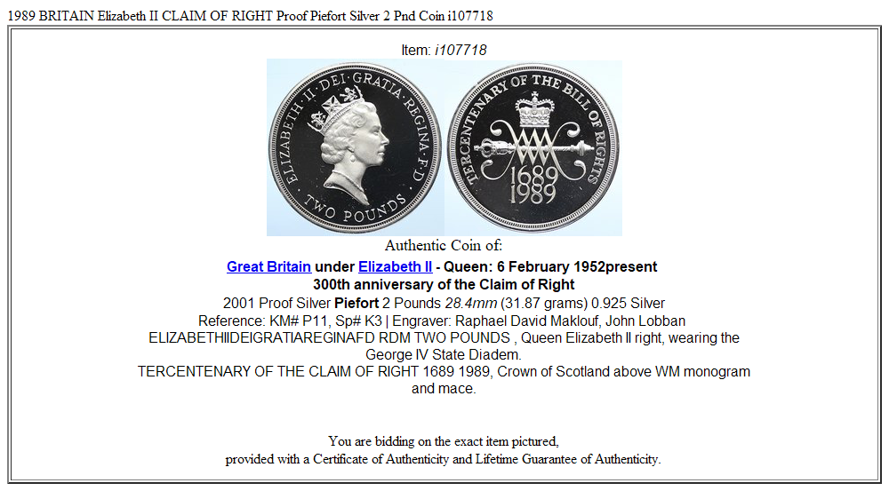 1989 BRITAIN Elizabeth II CLAIM OF RIGHT Proof Piefort Silver 2 Pnd Coin i107718