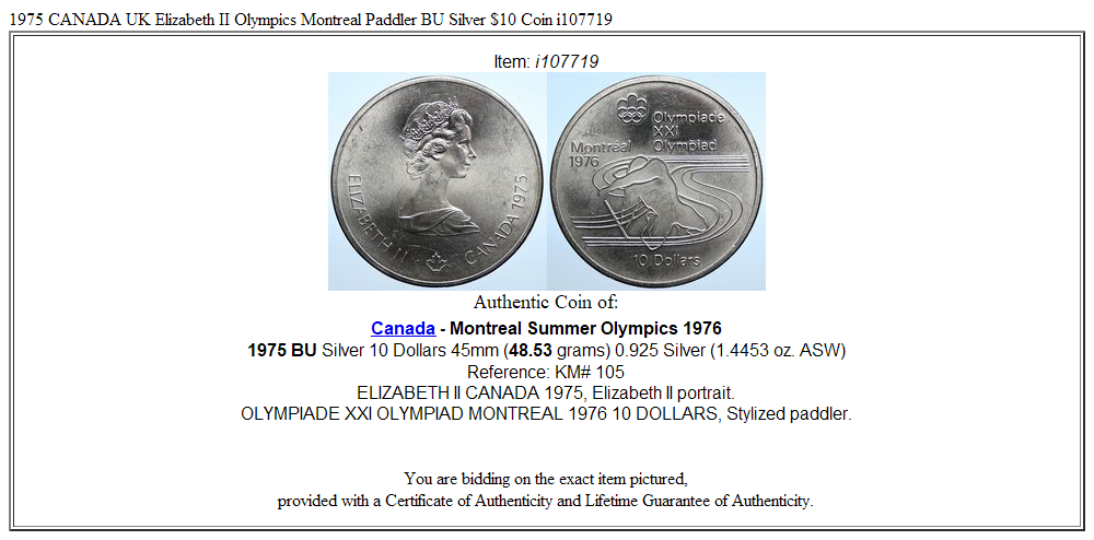 1975 CANADA UK Elizabeth II Olympics Montreal Paddler BU Silver $10 Coin i107719