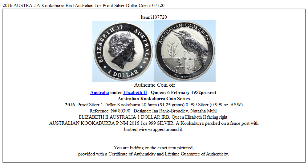 2016 AUSTRALIA Kookaburra Bird Australian 1oz Proof Silver Dollar Coin i107720