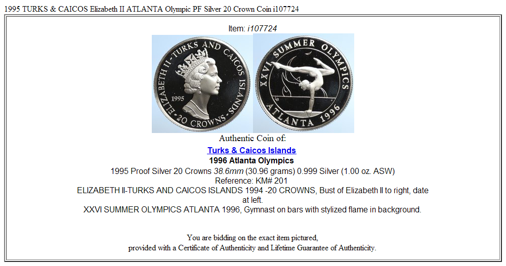 1995 TURKS & CAICOS Elizabeth II ATLANTA Olympic PF Silver 20 Crown Coin i107724