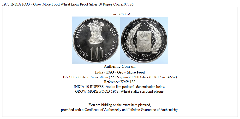 1973 INDIA FAO - Grow More Food Wheat Lions Proof Silver 10 Rupee Coin i107726