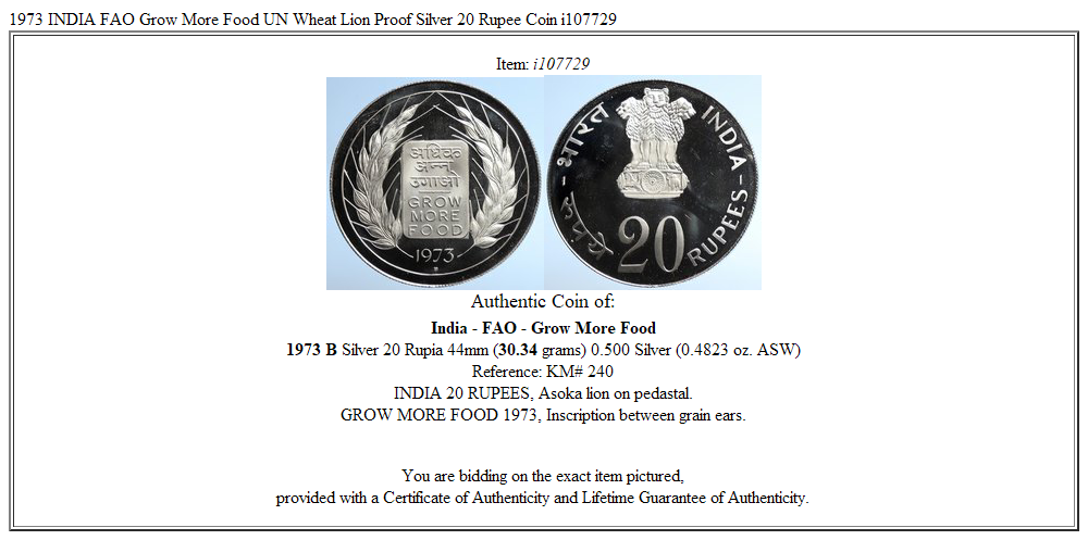 1973 INDIA FAO Grow More Food UN Wheat Lion Proof Silver 20 Rupee Coin i107729