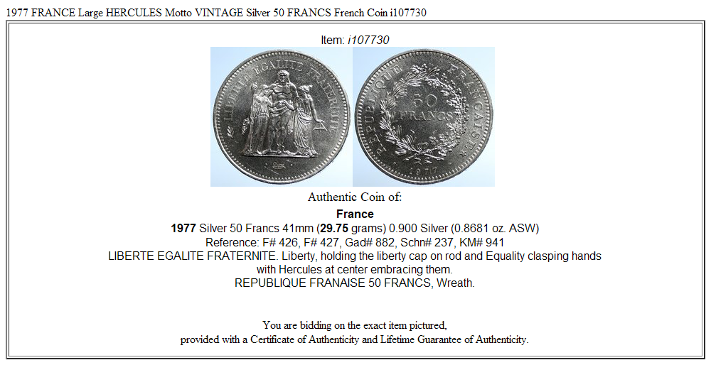 1977 FRANCE Large HERCULES Motto VINTAGE Silver 50 FRANCS French Coin i107730