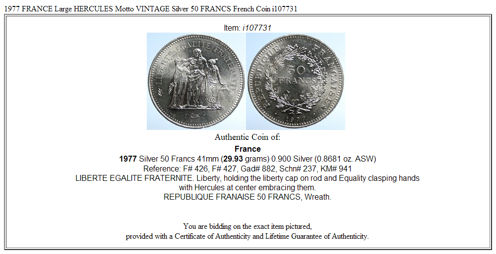 1977 FRANCE Large HERCULES Motto VINTAGE Silver 50 FRANCS French Coin i107731