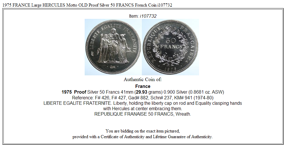 1975 FRANCE Large HERCULES Motto OLD Proof Silver 50 FRANCS French Coin i107732