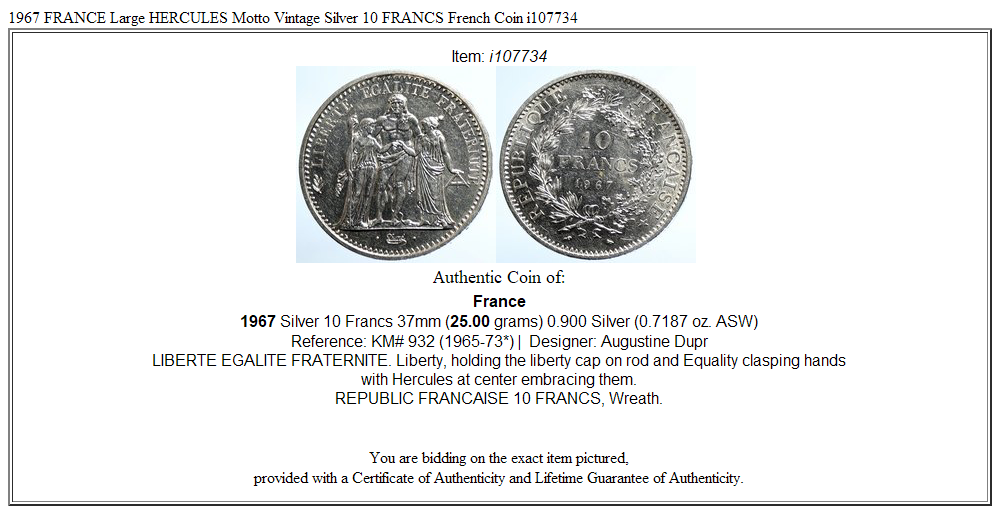 1967 FRANCE Large HERCULES Motto Vintage Silver 10 FRANCS French Coin i107734