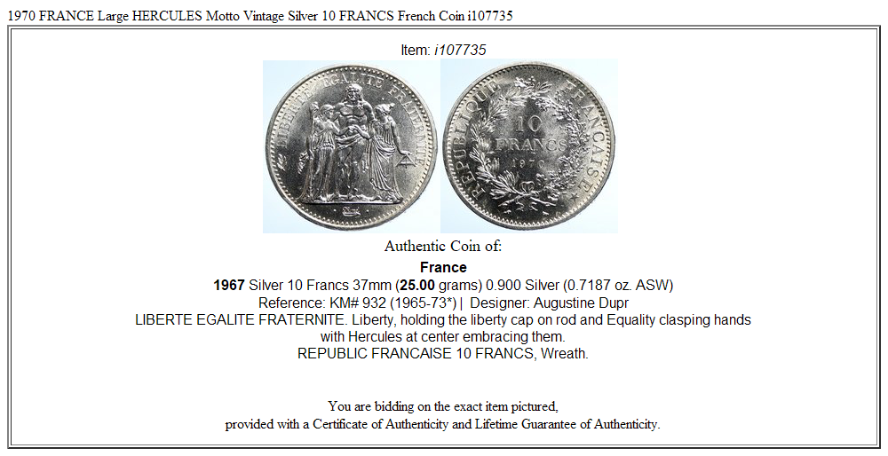 1970 FRANCE Large HERCULES Motto Vintage Silver 10 FRANCS French Coin i107735