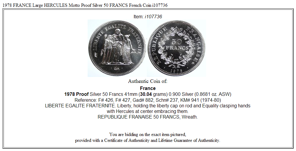 1978 FRANCE Large HERCULES Motto Proof Silver 50 FRANCS French Coin i107736