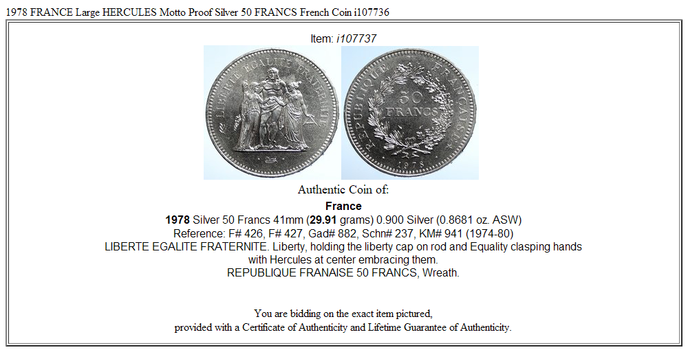 1978 FRANCE Large HERCULES Motto Proof Silver 50 FRANCS French Coin i107736