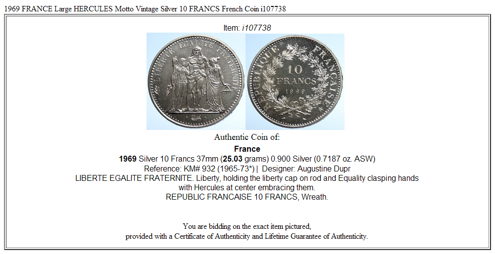 1969 FRANCE Large HERCULES Motto Vintage Silver 10 FRANCS French Coin i107738