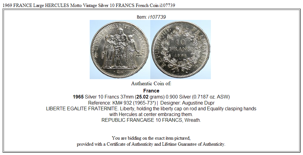 1969 FRANCE Large HERCULES Motto Vintage Silver 10 FRANCS French Coin i107739