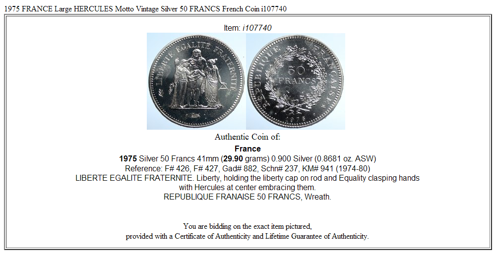 1975 FRANCE Large HERCULES Motto Vintage Silver 50 FRANCS French Coin i107740