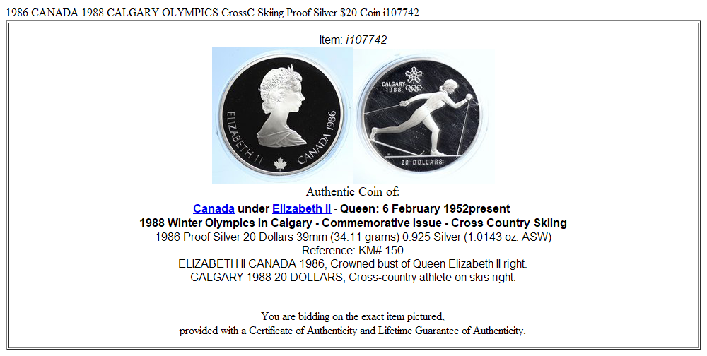 1986 CANADA 1988 CALGARY OLYMPICS CrossC Skiing Proof Silver $20 Coin i107742