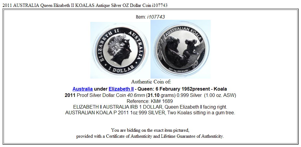 2011 AUSTRALIA Queen Elizabeth II KOALAS Antique Silver OZ Dollar Coin i107743