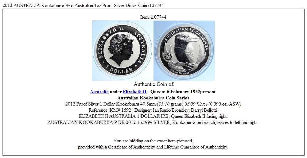 2012 AUSTRALIA Kookaburra Bird Australian 1oz Proof Silver Dollar Coin i107744