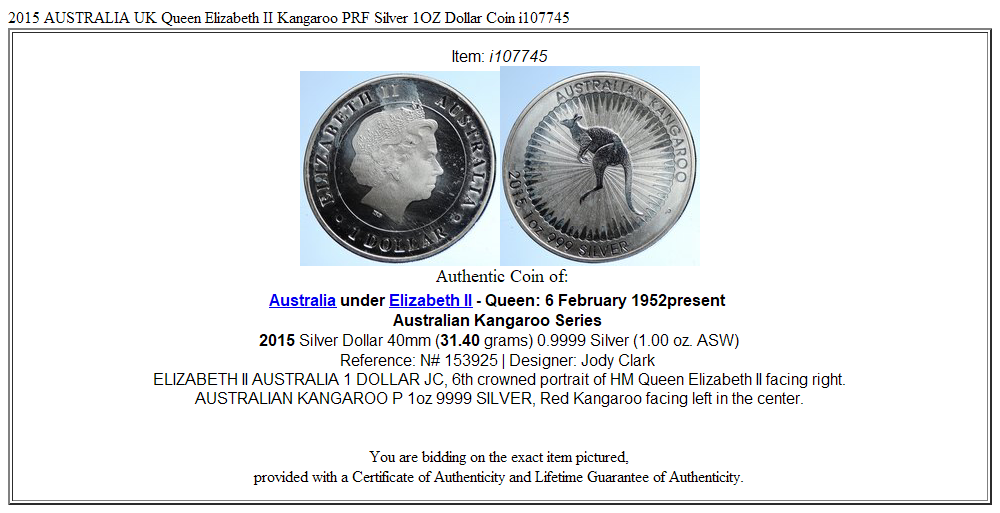 2015 AUSTRALIA UK Queen Elizabeth II Kangaroo PRF Silver 1OZ Dollar Coin i107745