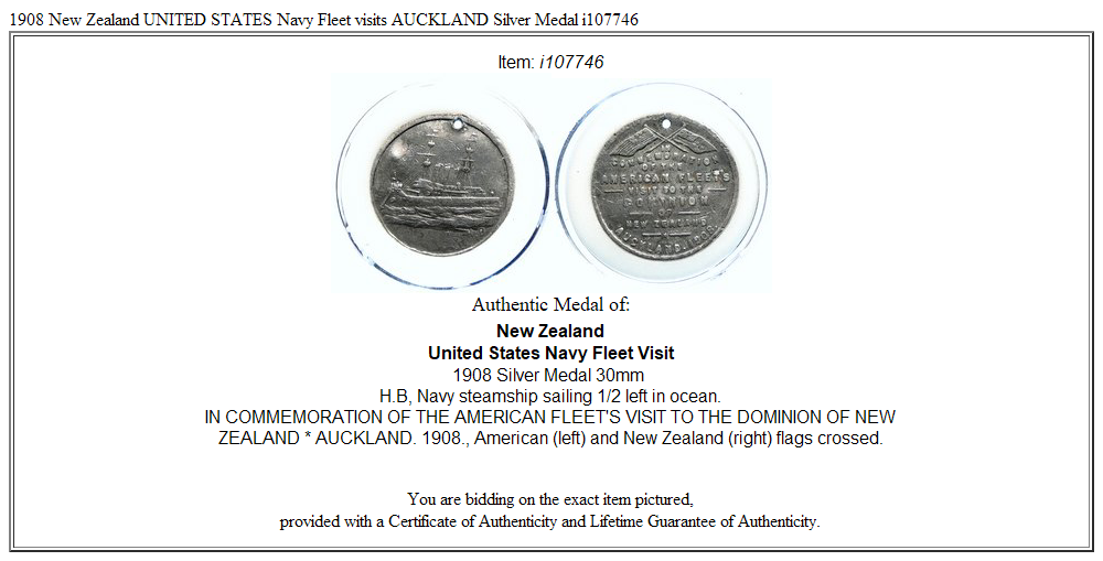 1908 New Zealand UNITED STATES Navy Fleet visits AUCKLAND Silver Medal i107746