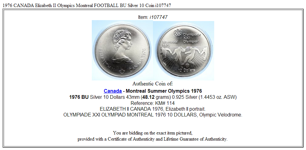 1976 CANADA Elizabeth II Olympics Montreal FOOTBALL BU Silver 10 Coin i107747