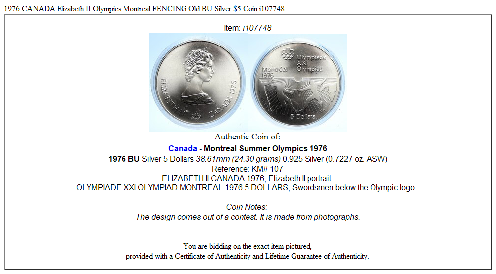 1976 CANADA Elizabeth II Olympics Montreal FENCING Old BU Silver $5 Coin i107748