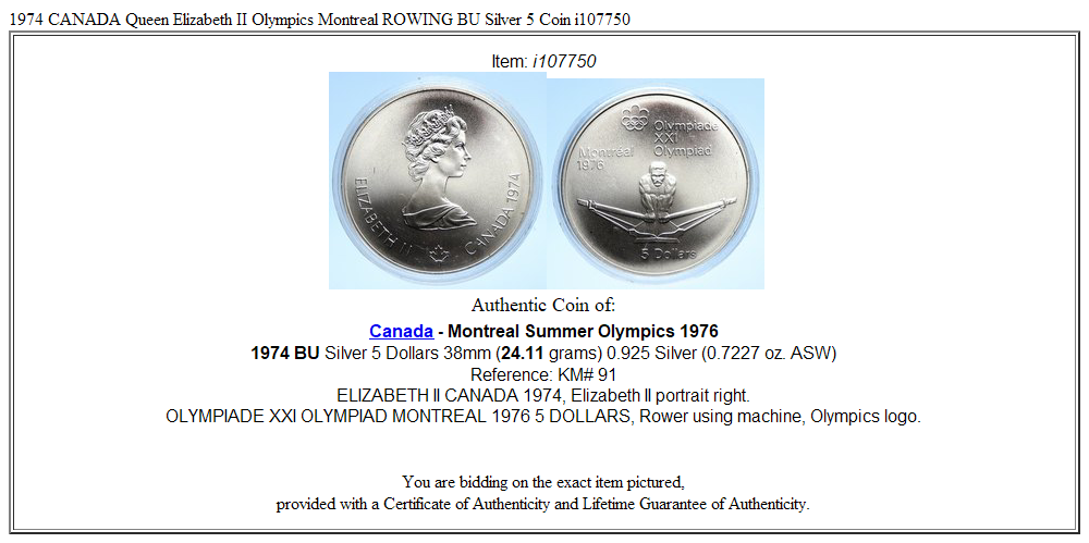 1974 CANADA Queen Elizabeth II Olympics Montreal ROWING BU Silver 5 Coin i107750