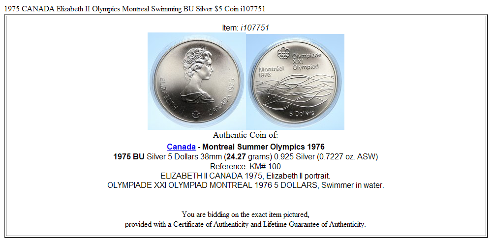 1975 CANADA Elizabeth II Olympics Montreal Swimming BU Silver $5 Coin i107751