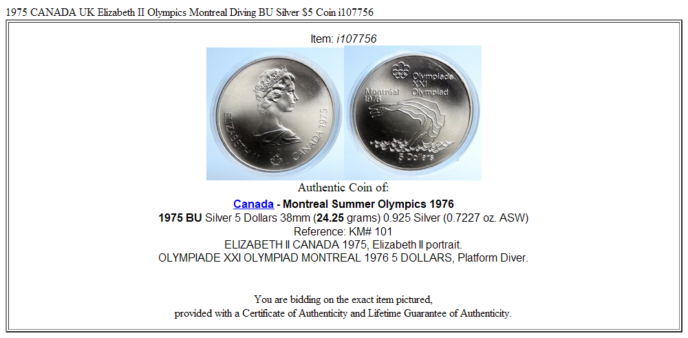 1975 CANADA UK Elizabeth II Olympics Montreal Diving BU Silver $5 Coin i107756