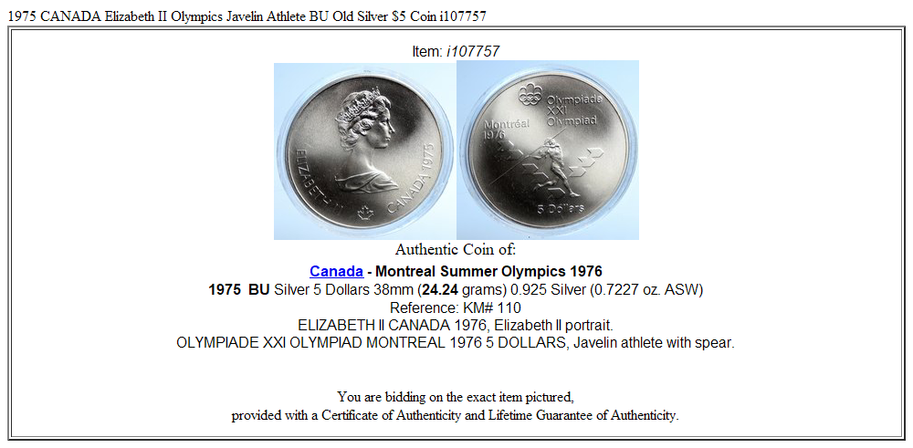 1975 CANADA Elizabeth II Olympics Javelin Athlete BU Old Silver $5 Coin i107757