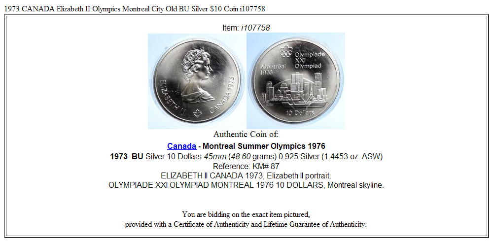 1973 CANADA Elizabeth II Olympics Montreal City Old BU Silver $10 Coin i107758