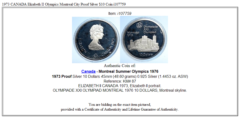 1973 CANADA Elizabeth II Olympics Montreal City Proof Silver $10 Coin i107759