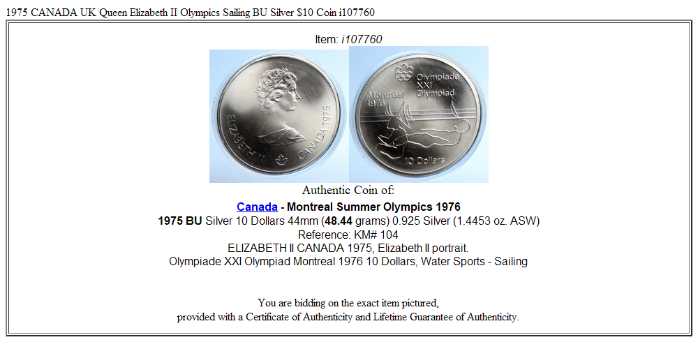 1975 CANADA UK Queen Elizabeth II Olympics Sailing BU Silver $10 Coin i107760