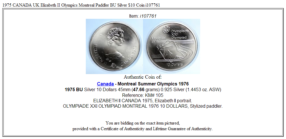 1975 CANADA UK Elizabeth II Olympics Montreal Paddler BU Silver $10 Coin i107761