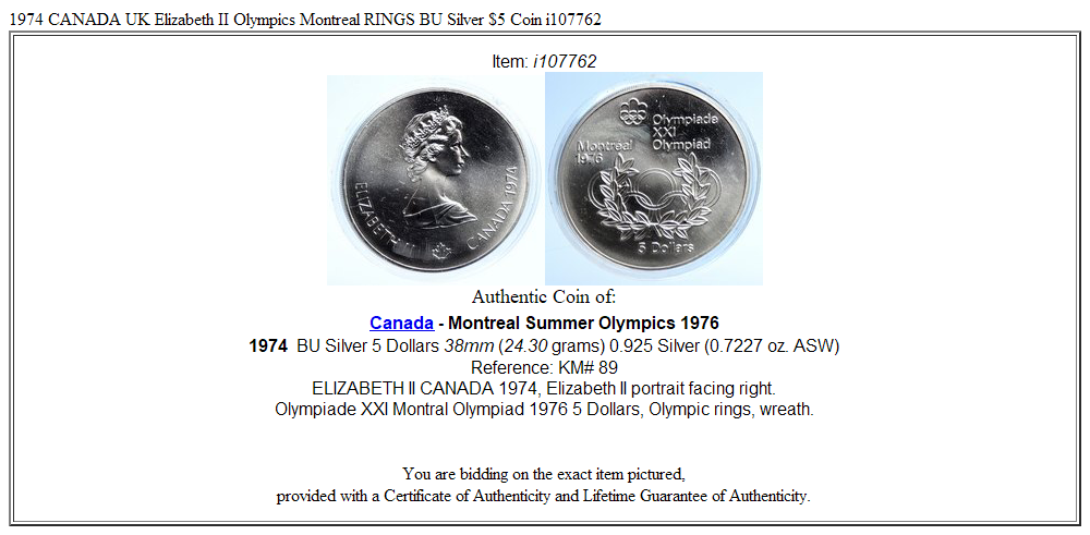 1974 CANADA UK Elizabeth II Olympics Montreal RINGS BU Silver $5 Coin i107762