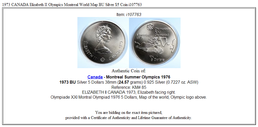 1973 CANADA Elizabeth II Olympics Montreal World Map BU Silver $5 Coin i107763