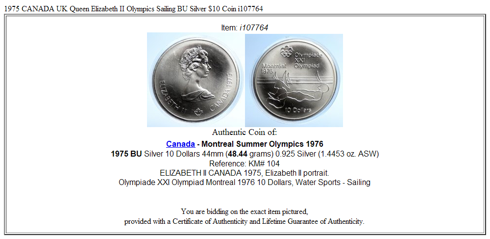 1975 CANADA UK Queen Elizabeth II Olympics Sailing BU Silver $10 Coin i107764