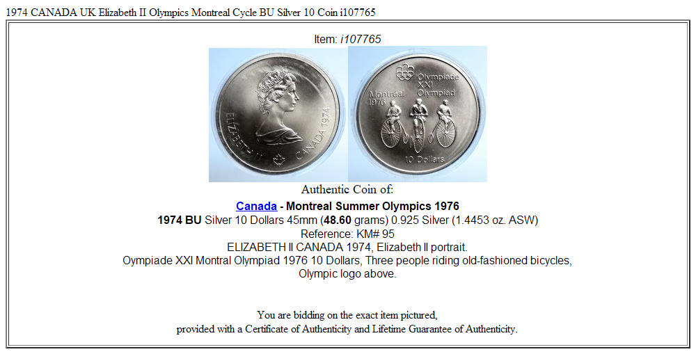 1974 CANADA UK Elizabeth II Olympics Montreal Cycle BU Silver 10 Coin i107765