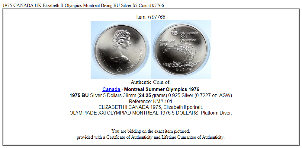 1975 CANADA UK Elizabeth II Olympics Montreal Diving BU Silver $5 Coin i107766